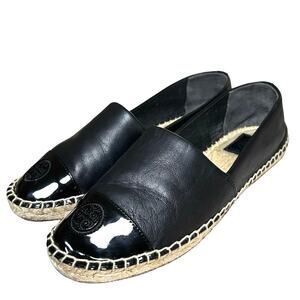 Tory Burch Women’s Leather Cap Toe Espadrille Flats Black Size 8.5